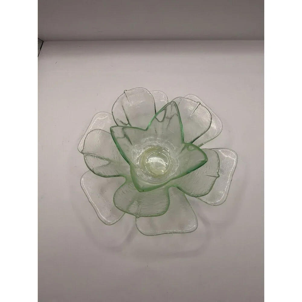 Vintage Green Glass Flower Lotus Votive Teal Light Candle Holder Dish 7”